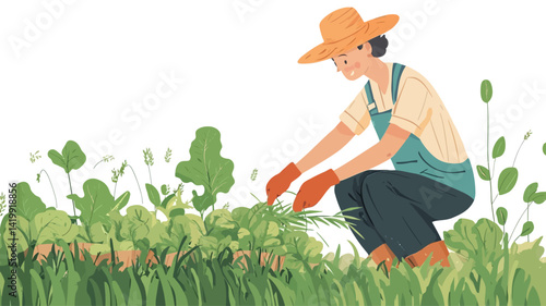 A digital vector illustration of a person wearing a straw hat, overalls and orange gardening gloves with green plants in the background.