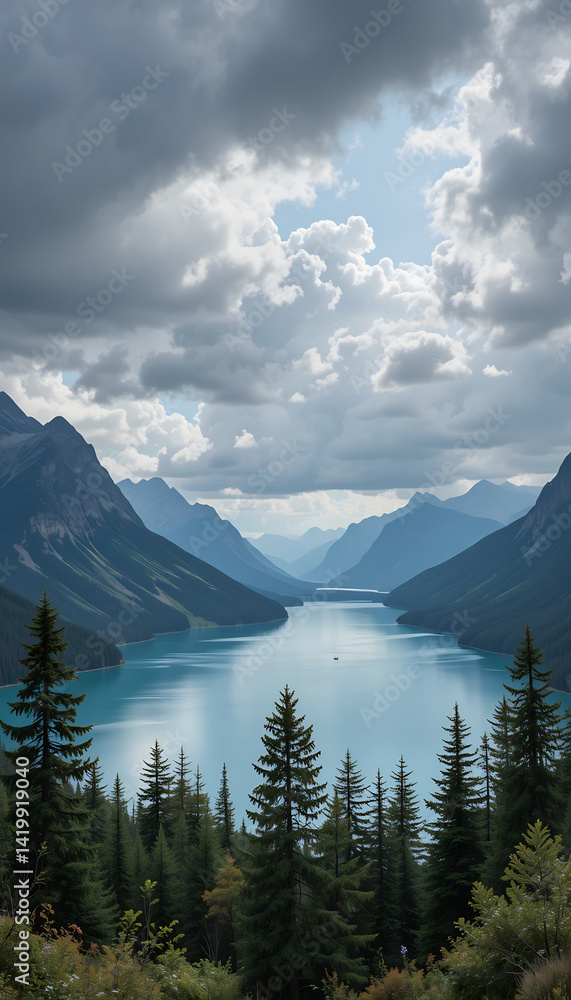 Obraz premium Serene mountain lake view soft light illuminates tranquil scene. AI Generated