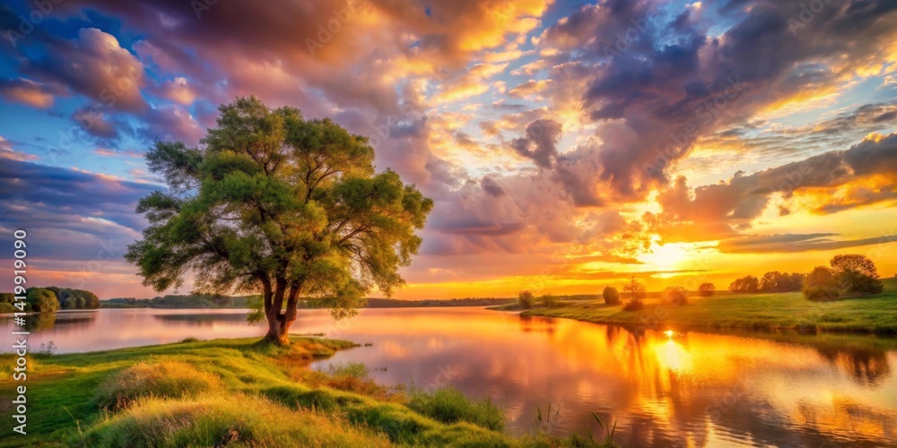 Fototapeta premium Serene Sunset Landscape Solitary Tree by a Calm Lake Reflecting Vibrant Sky Colors