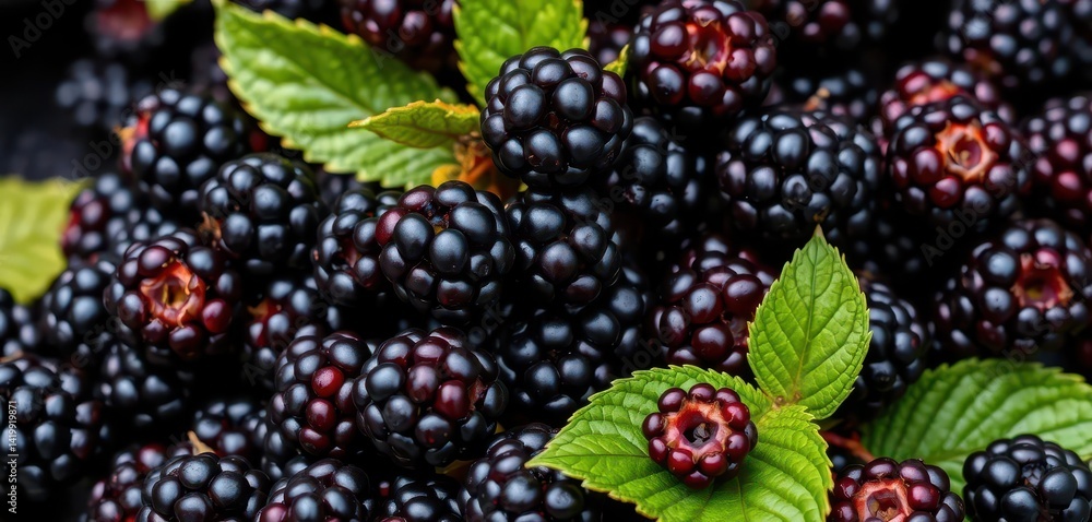 Luscious blackberries piled high, adorned with a vibrant green leaf, juicy, dark background Luscious blackberries piled high, adorned with a vibrant green leaf, juicy, dark background