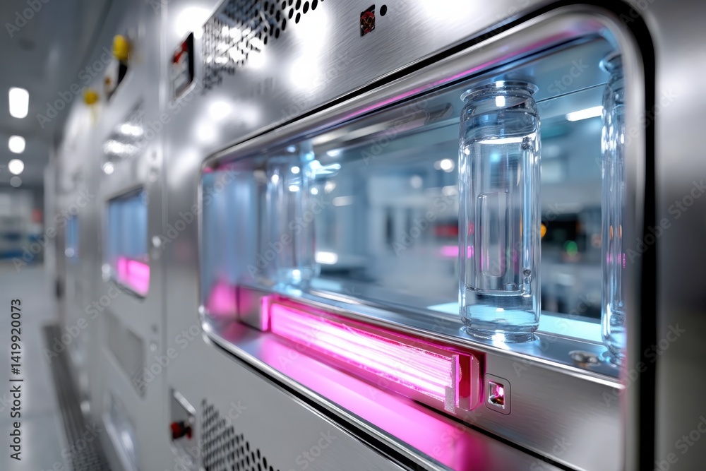 The image captures a high-tech machine with illuminated sections and transparent bottles, highlighting the intersection of advanced machinery and aesthetic design in automation processes. The image captures a high-tech machine with illuminated sections and transparent bottles, highlighting the intersection of advanced machinery and aesthetic design in automation processes.