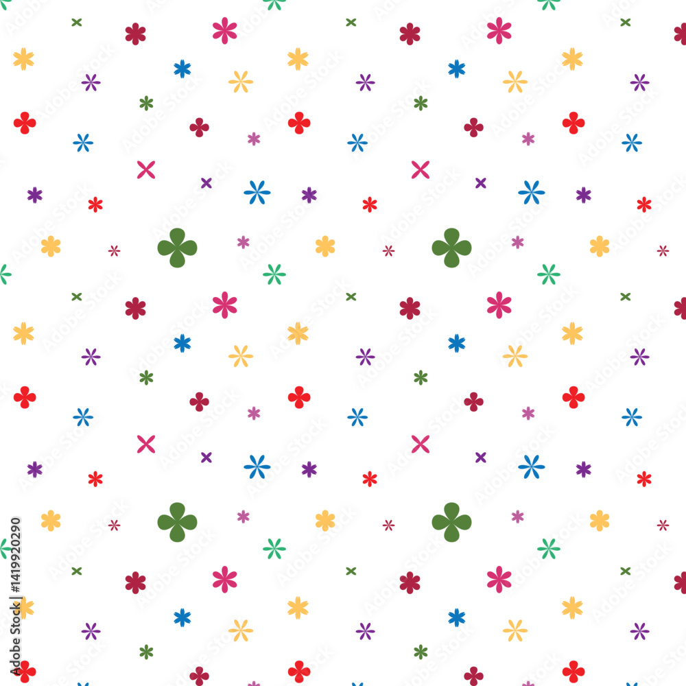 Colorful Pattern with Tiny Crosses and Asterisks – Vibrant Playful Geometric Design on White Background Colorful Pattern with Tiny Crosses and Asterisks – Vibrant Playful Geometric Design on White Background