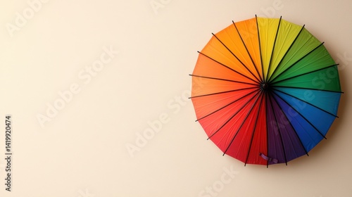 Vibrant rainbow umbrella with colorful segments casting a cheerful pattern on a plain background perfect for summer outdoor themes and creative designs