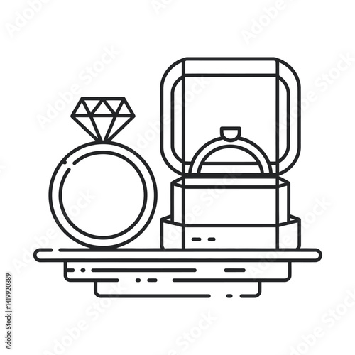 Eternal Vows: A captivating line art image showcasing a stunning engagement ring beside a meticulously crafted ring box, ready for a timeless proposal.