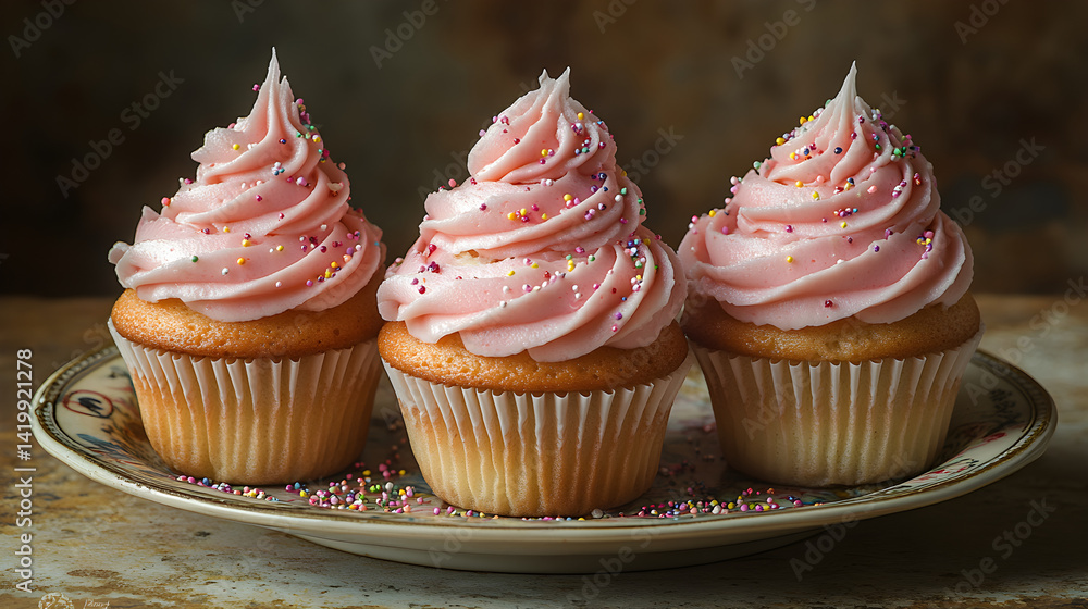 Buttercream frosted cupcakes with sprinkles and soft fluffy texture on vintage dish