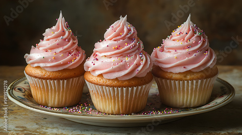 Obraz na płótnie Buttercream frosted cupcakes with sprinkles and soft fluffy texture on vintage dish w salonie
