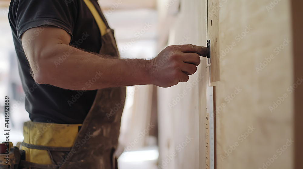 Obraz premium Construction worker measuring wall for electrical wiring installation. Featuring precision and preparation