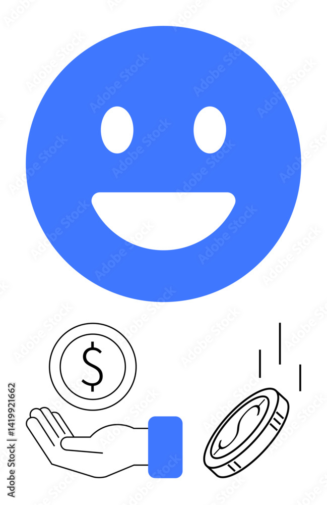 Blue smiling face above hand holding coin and falling dollar sign. Ideal for finance, savings, money management, wealth, positive growth, investment, simple landing page Blue smiling face above hand holding coin and falling dollar sign. Ideal for finance, savings, money management, wealth, positive growth, investment, simple landing page