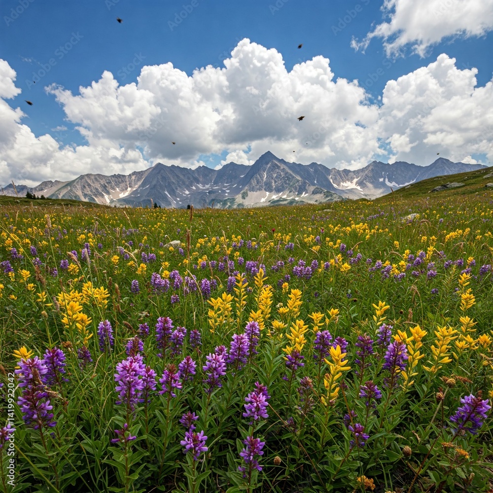 Fototapeta premium High mountain meadow filled with alpine flowers, clouds sweeping across blue sky, bees humming softly between patches of violet and gold.