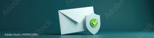 Clean white envelope, green checkmark, gray shield, email security,  certified,  approved,  inbox