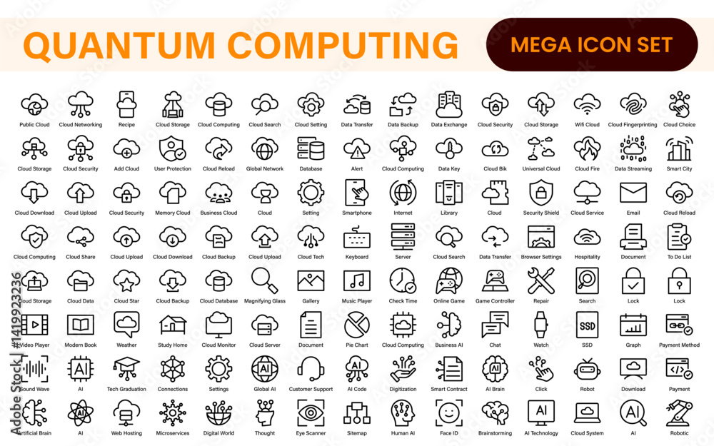 Cloud Computing and Quantum Technology Icon Set – Vector, Outline, Minimal, Line, Illustration – AI, Data Science, Blockchain, Cybersecurity, Neural Network Cloud Computing and Quantum Technology Icon Set – Vector, Outline, Minimal, Line, Illustration – AI, Data Science, Blockchain, Cybersecurity, Neural Network