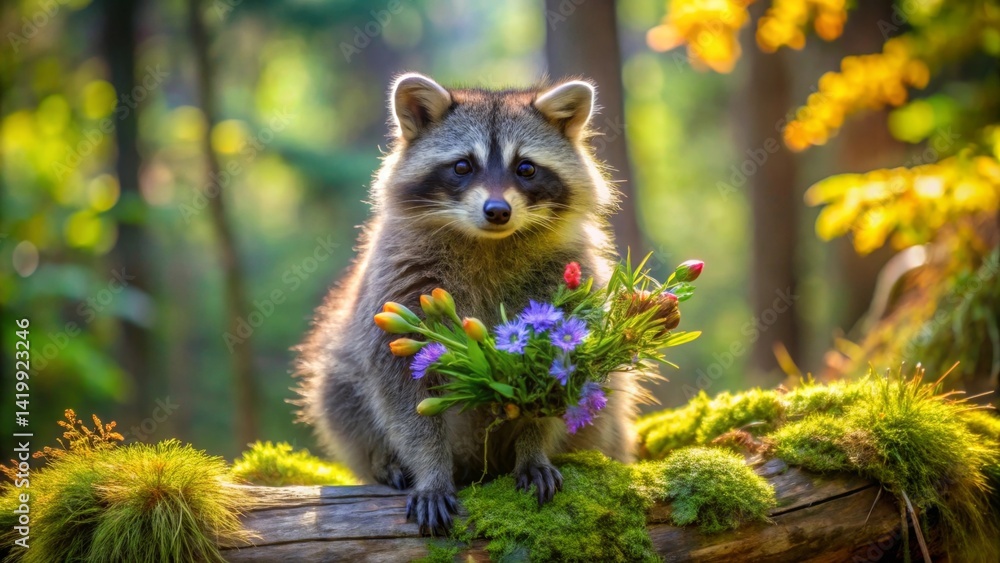 Fototapeta premium A charming raccoon presents a vibrant bouquet of wildflowers, nestled amongst the lush green moss of a sun-dappled forest log