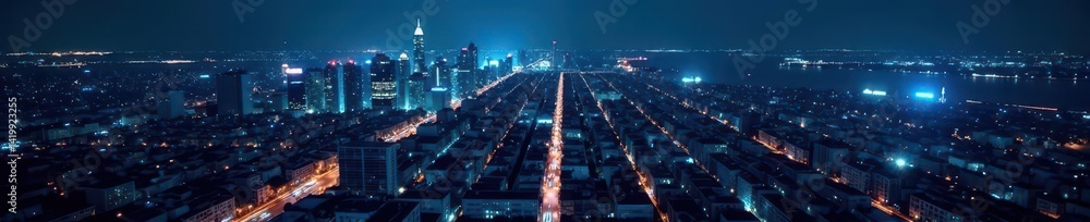 Fototapeta premium Blue lines illuminate cityscape at night Aerial view , high, electric, lights