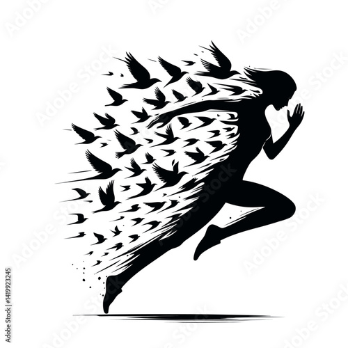 Black silhouette vector of a runner turning into birds mid-sprint, abstract motion logo on white background