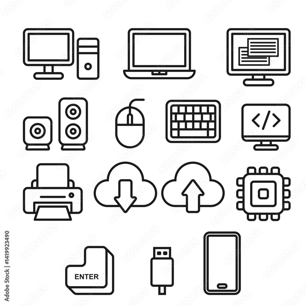 Simple computer icon set vector in line style. Minimalist and modern illustration design. Simple computer icon set vector in line style. Minimalist and modern illustration design.