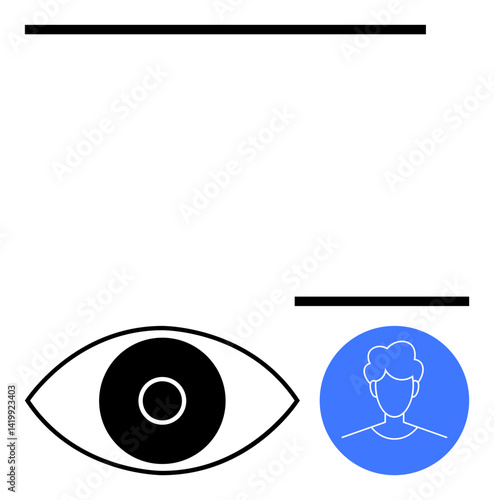 Black stylized eye with circular center and simplistic blue profile silhouette. Ideal for vision, privacy, identity, observation, design, marketing, simple landing page