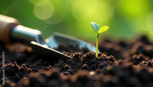 Tiny seedlings emerge near trusty garden tools, nestled in dark soil , nature, rake