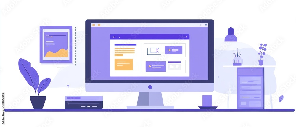 Modern Workplace Setup: Clean Desk, Efficient Design, Purple Hues Modern Workplace Setup: Clean Desk, Efficient Design, Purple Hues