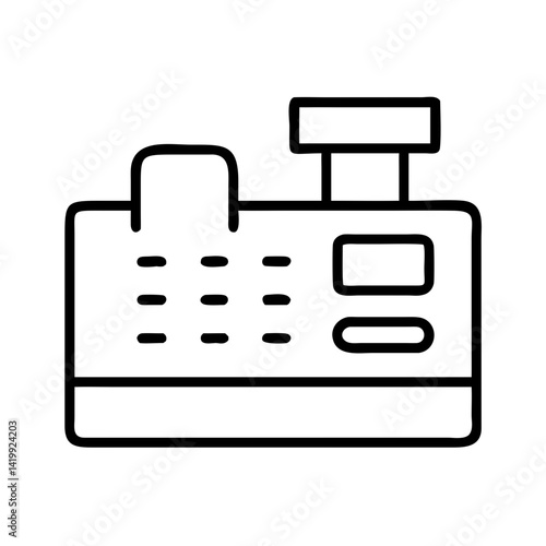 Minimalist outline icon of cash register with buttons, screen and receipt holder, black line vector illustration of retail equipment on white background