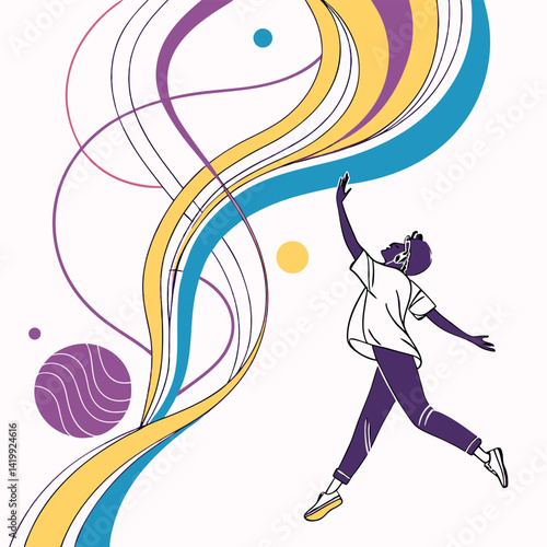 A vector silhouette illustration depicts a beautiful woman as a dancer, showcasing art and fashion in a fun, sporty design