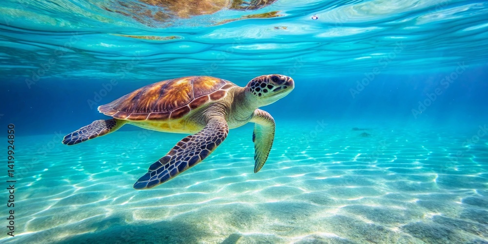 Obraz premium Serene Underwater Scene Featuring a Graceful Sea Turtle Gliding Through Crystal-Clear Waters