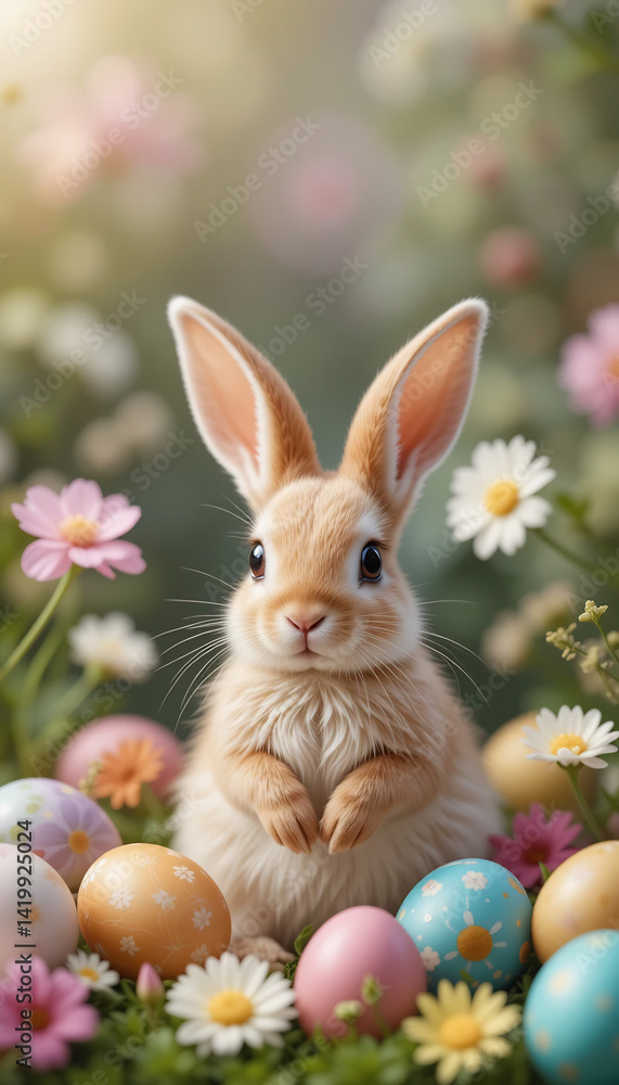 Obraz premium Adorable bunny sits amidst pastel Easter eggs vibrant flowers soft sunlight. AI Generated