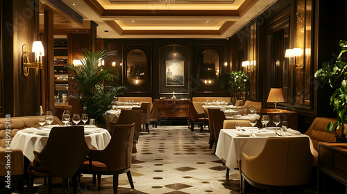 A well-lit dining room interior designed for comfort and elegance