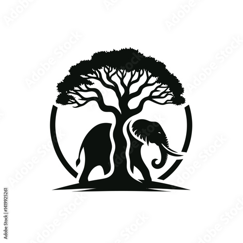 Elephant with a tree trunk  silhouette black color logo on white background