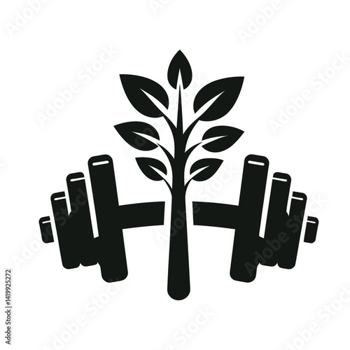 Dumbbell with leaves growing from it silhouette black color logo on white background