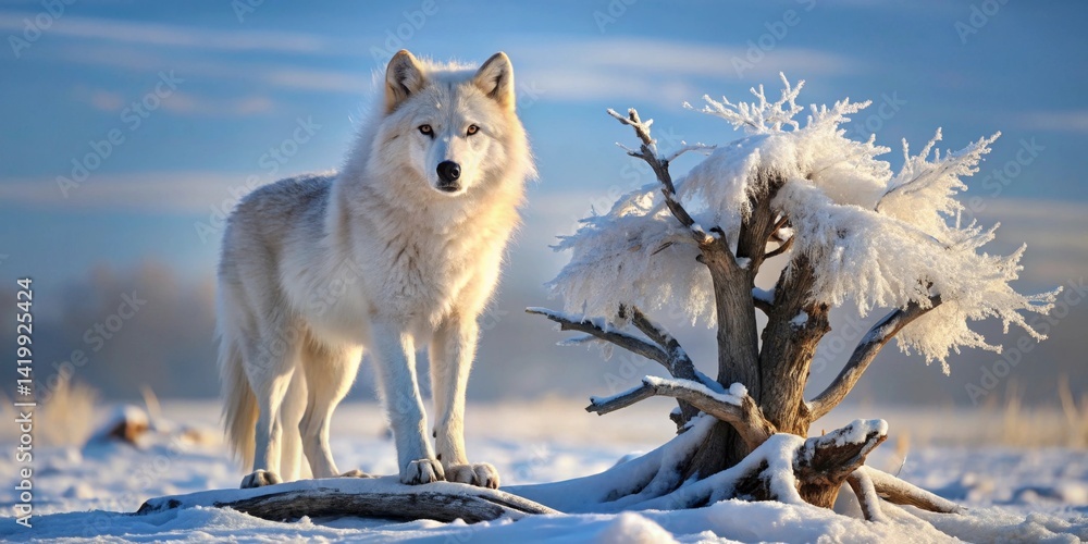 Obraz premium Majestic Arctic Canis Lupus Standing on a Frost-Covered Tree Stump in a Winter Wonderland