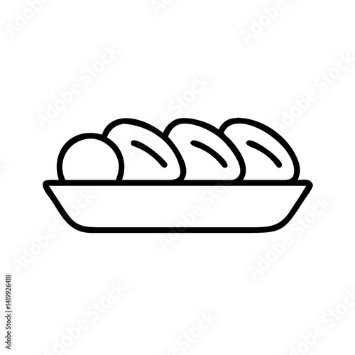 Minimalist outline icon of dumplings or ravioli in a rectangular tray, black line vector drawing of traditional food isolated on white background