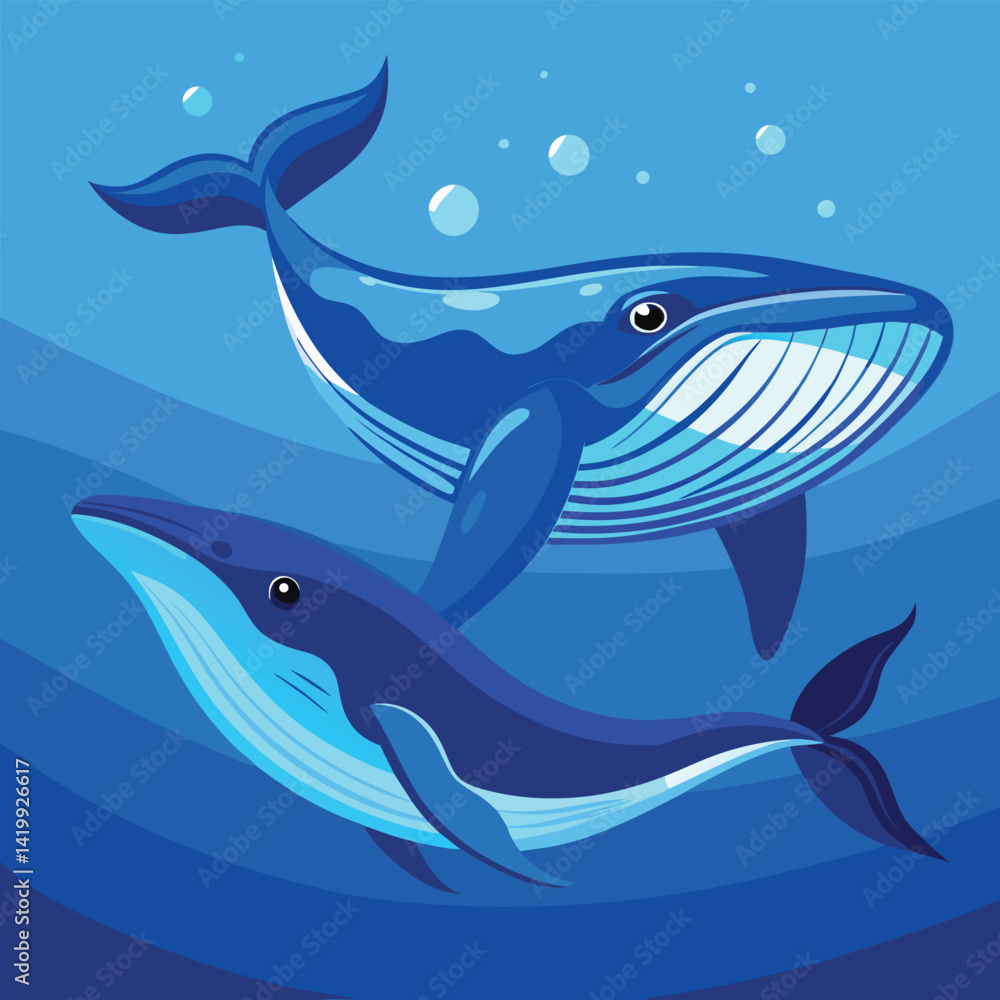 A blue whale and a humpback whale swim side-by-side in the deep blue sea. A blue whale and a humpback whale swim side-by-side in the deep blue sea.