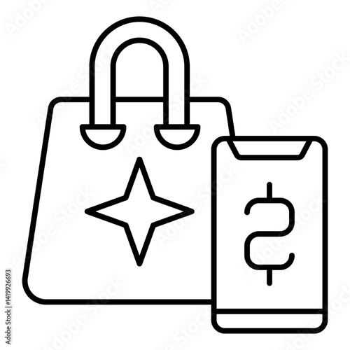 Smartphone with shopping bag thin line icon, consumer packet concept. Vector graphics. Phone with gadget and bag sign on white background, linear style for mobile or design.