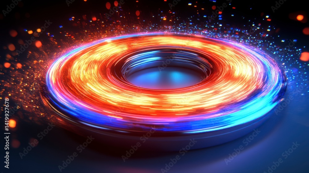 Abstract circular light trails, red and blue, glowing, dark background, digital art. Abstract circular light trails, red and blue, glowing, dark background, digital art.