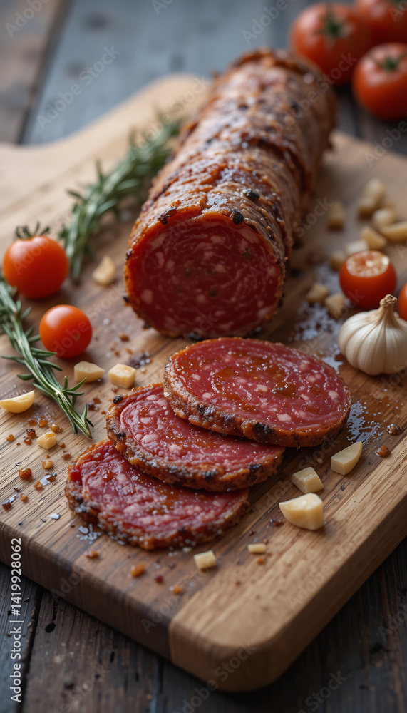 Deliciously Sliced Salami Rustic Wooden Board Warm Light. AI Generated Deliciously Sliced Salami Rustic Wooden Board Warm Light. AI Generated