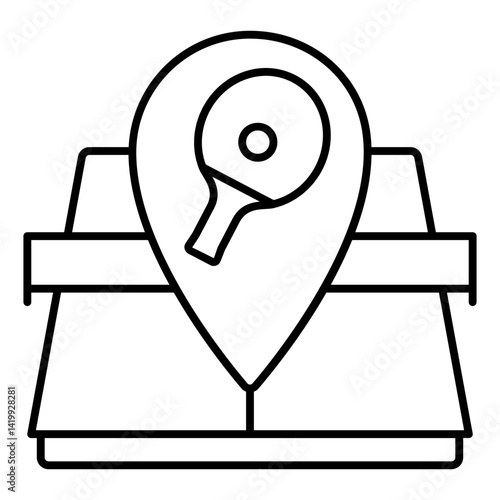 Tennis table with location pin thin line icon, tennis game concept. Vector graphics. Tennis racket and map pin sign on white background, linear style for mobile or design.