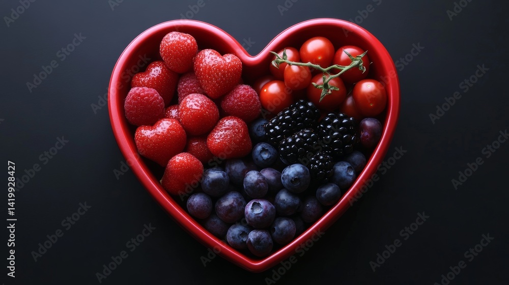 A black background serves as the setting for a heart-shaped bowl overflowing with a diverse array of vibrant fruits and vegetables A black background serves as the setting for a heart-shaped bowl overflowing with a diverse array of vibrant fruits and vegetables