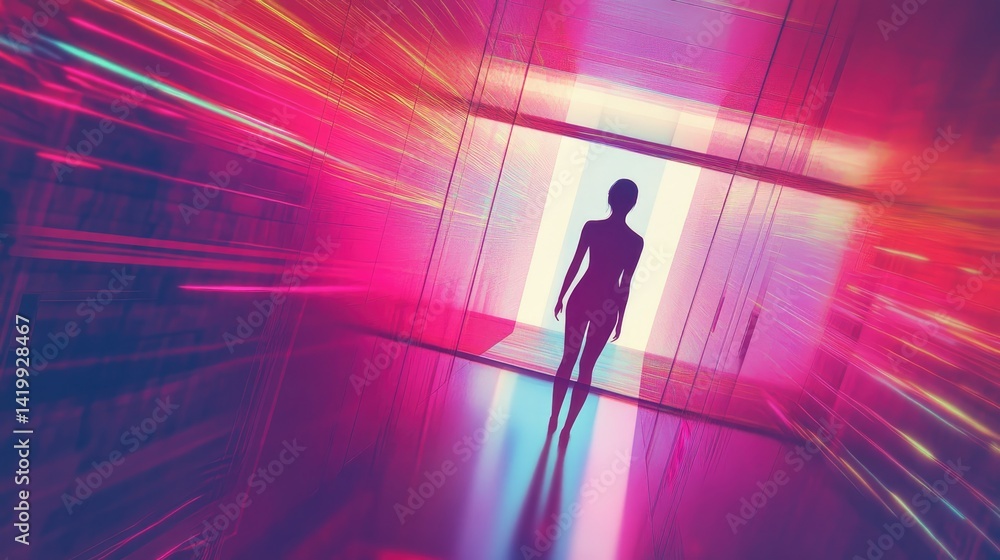 A person stepping into a glitching elevator, realizing it leads to infinite random realities. A person stepping into a glitching elevator, realizing it leads to infinite random realities.