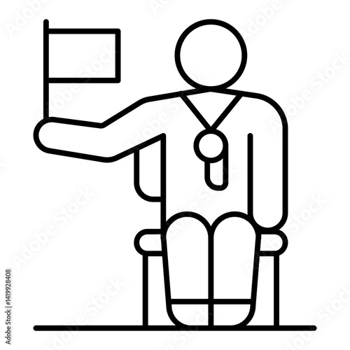 Man with flag sit chair thin line icon, tennis game concept. Vector graphics. Sportsman hold flag, referee sign on white background, linear style for mobile or design.