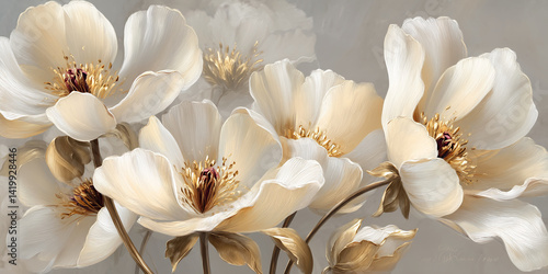 Fototapeta Naklejka Na Ścianę i Meble -  Close-up of creamy white flowers with gold accents, showcasing delicate petal texture and elegant composition, symbolizing grace, sophistication, and serenity