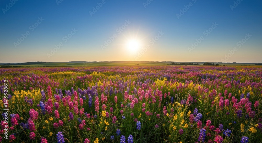 Fototapeta premium Flower Field with Sunset (Photo)