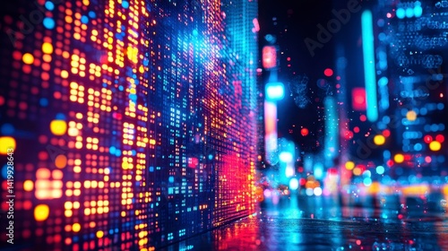 Wallpaper Mural Abstract city at night with vibrant red, blue, and orange digital data streams flowing along a wet street reflecting lights. Torontodigital.ca