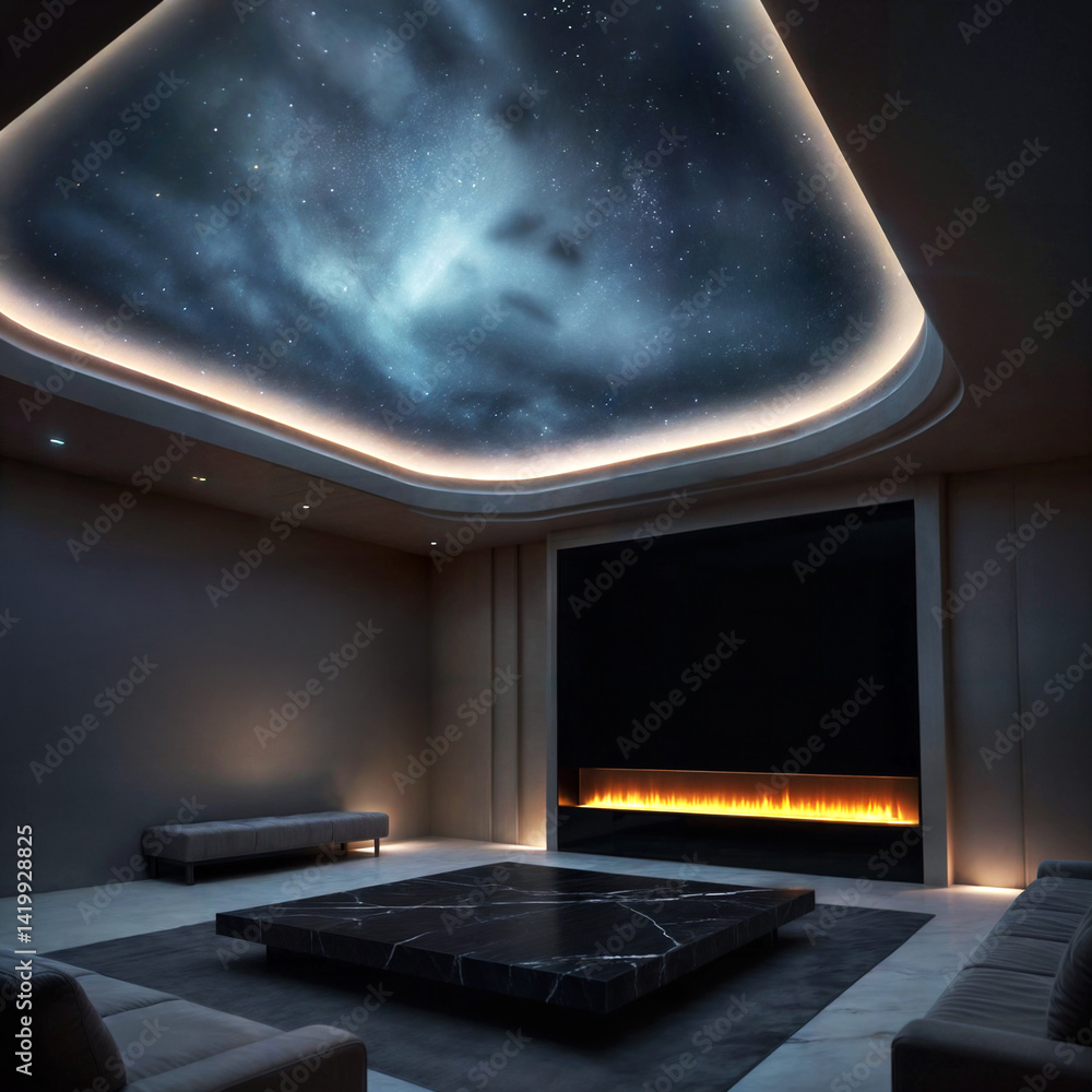 Elegant modern living room with a galaxy-inspired ceiling and a minimalist fireplace. Dark-toned ambiance perfect for futuristic, moody, or night-themed interior visuals