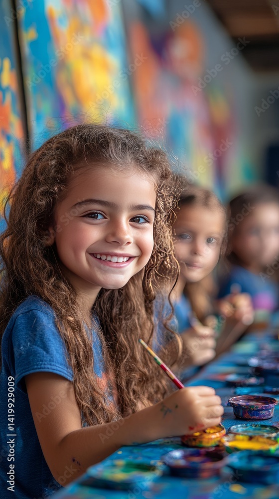 Creative children engaged in painting activities with colorful paints during an art lesson in a classroom. Creative children engaged in painting activities with colorful paints during an art lesson in a classroom.