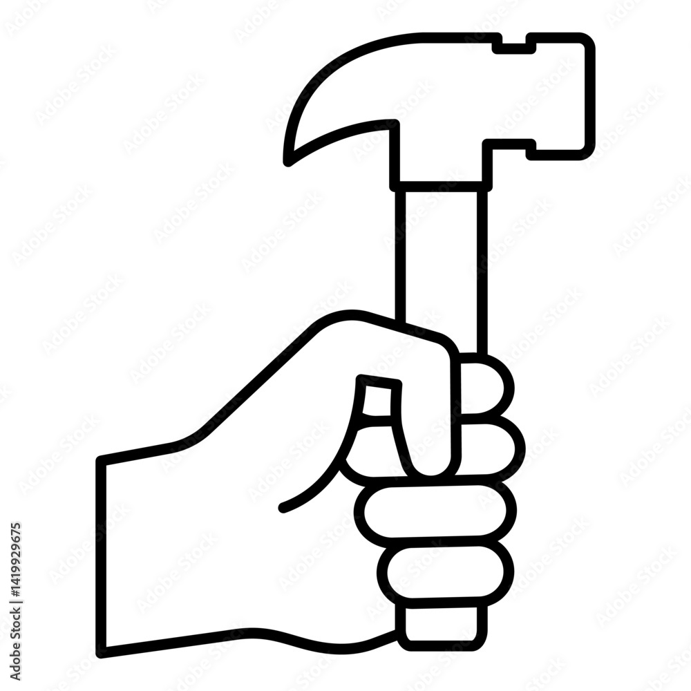 Hand hold hammer tool thin line icon, work and labor concept. Vector graphics. Hard work profession sign on white background, linear style for mobile or design. Hand hold hammer tool thin line icon, work and labor concept. Vector graphics. Hard work profession sign on white background, linear style for mobile or design.
