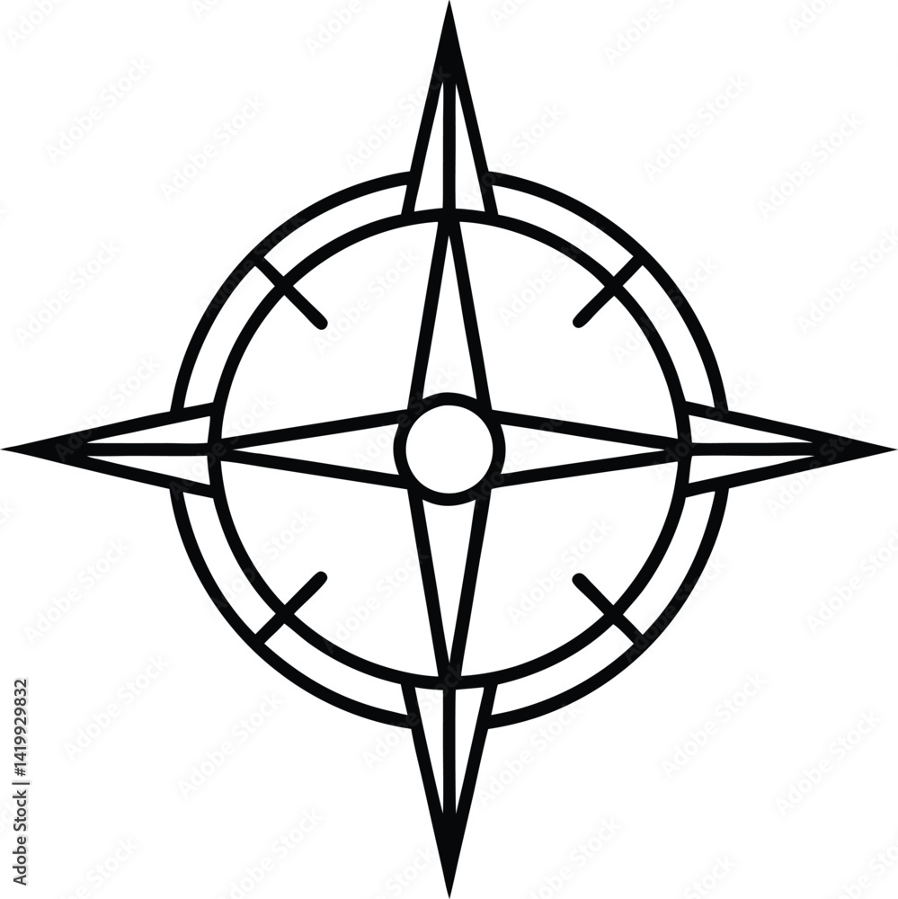 Black and white line art compass Black and white line art compass
