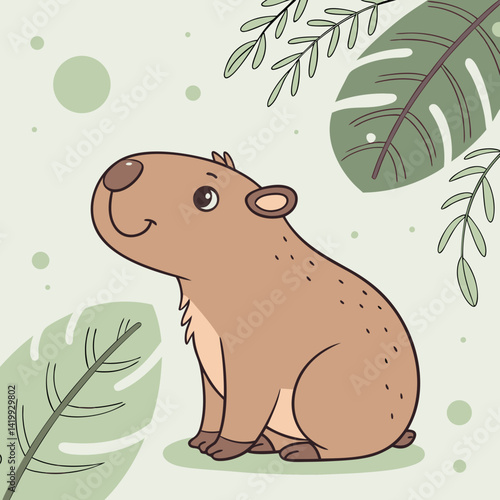 2D flat illustration of a cute capybara sitting peacefully