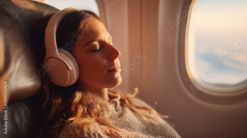 A woman is wearing headphones and sleeping on a plane