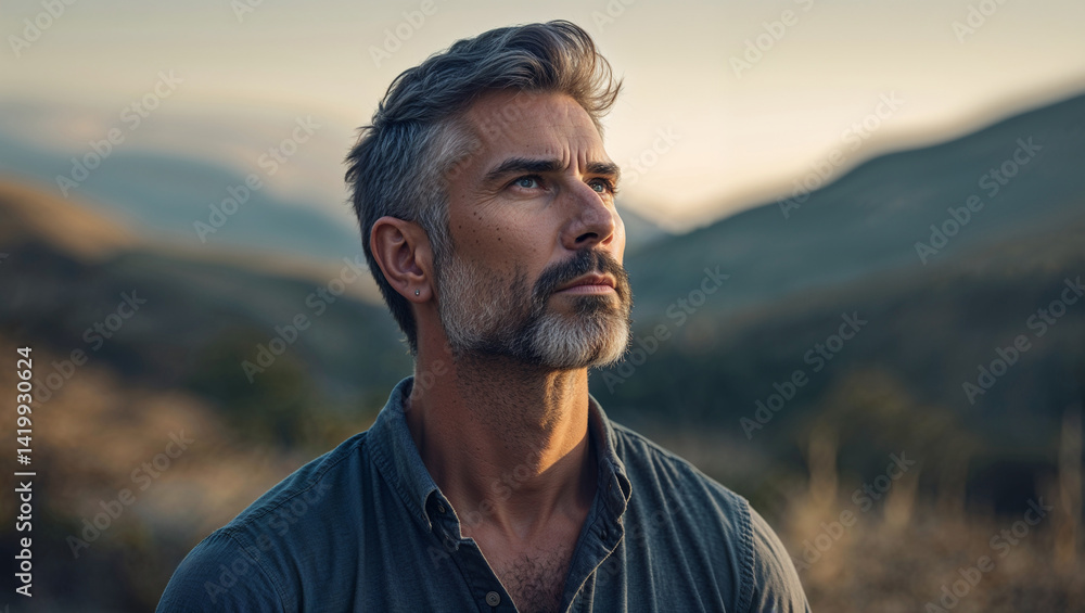Thoughtful Man Looking Upward With Mountains In The Background Outdoors Thoughtful Man Looking Upward With Mountains In The Background Outdoors
