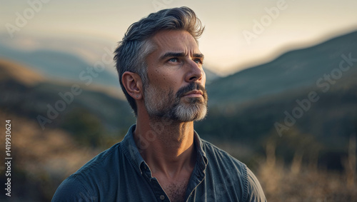 Thoughtful Man Looking Upward With Mountains In The Background Outdoors